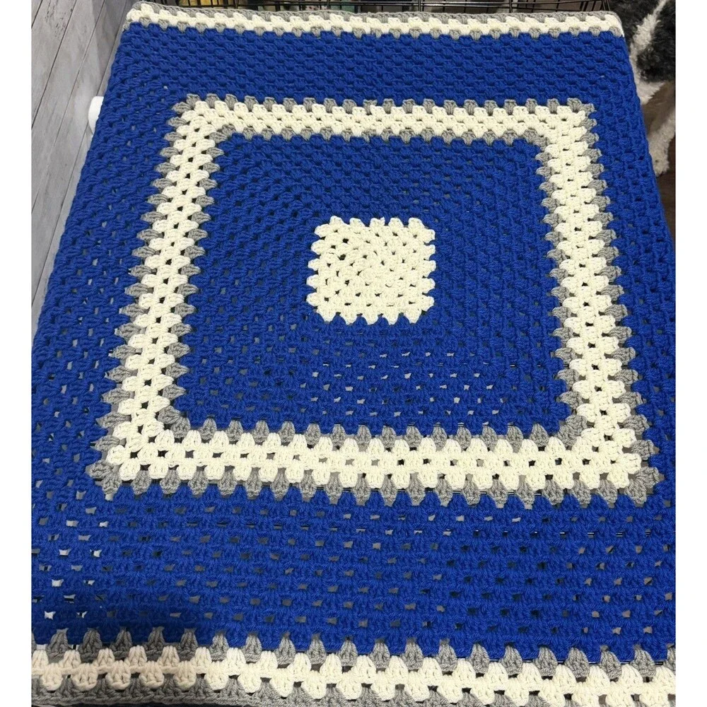 Handmade Crochet Afghan Lap Blanket Throw Blur Gray White 38x37